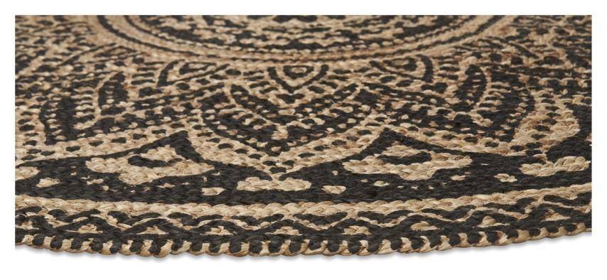 Round Henna Printed Jute Rug 150cm - Natural/Black-abc
