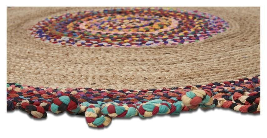 Round Multicolour Jute & Cotton Chindi Rug 200cm - Natural/Multi-abc