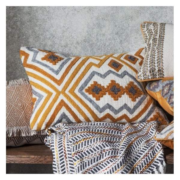 Kazaar Hand Embroidered Cushion Ochre W500 x H350mm-abc