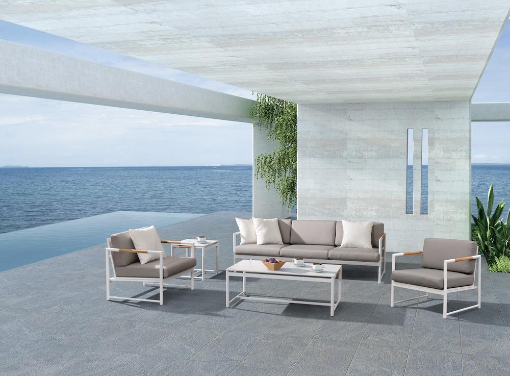 Monaco 5 Piece Lounge Seating Set with Three Seat Sofa in White-abc