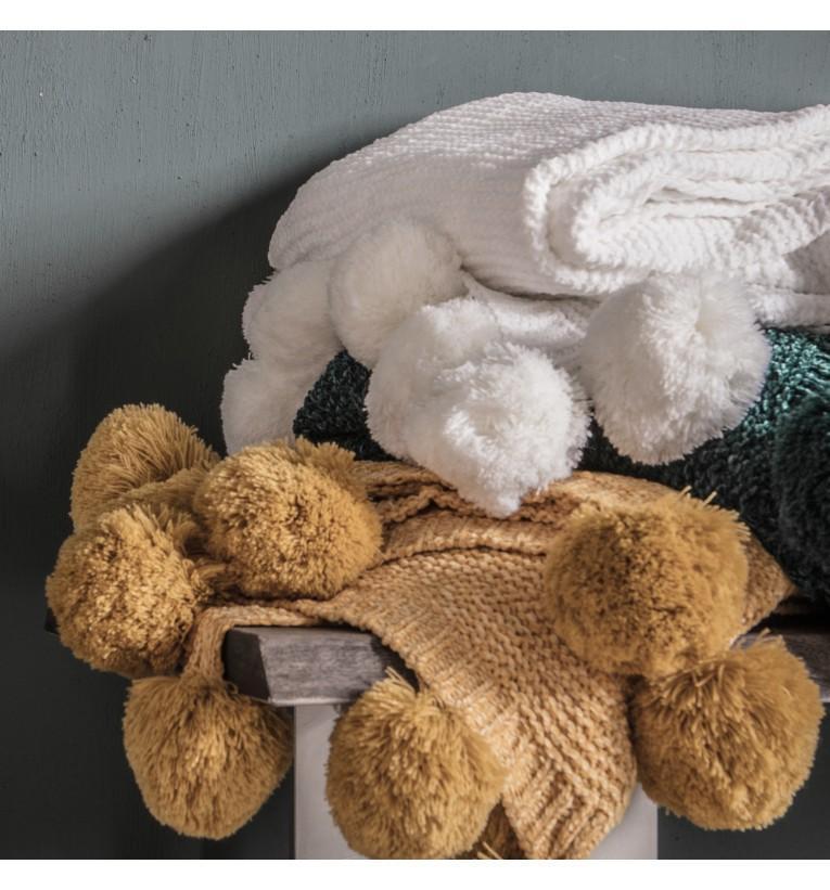 Knitted Pom Pom Chenille Throw Ochre-abc