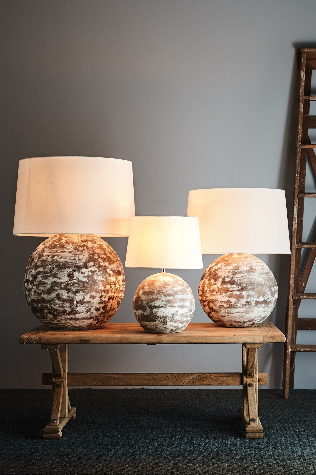 Boule Small - Distressed White - Turned Wood Ball Table Lamp-abc