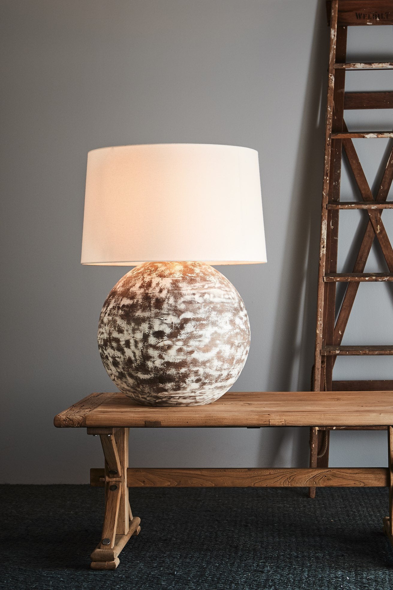 Boule Large - Distressed White - Turned Wood Ball Table Lamp-abc