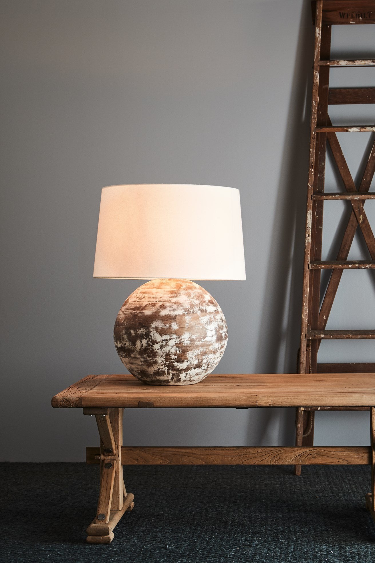 Boule Medium - Distressed White - Turned Wood Ball Table Lamp-abc