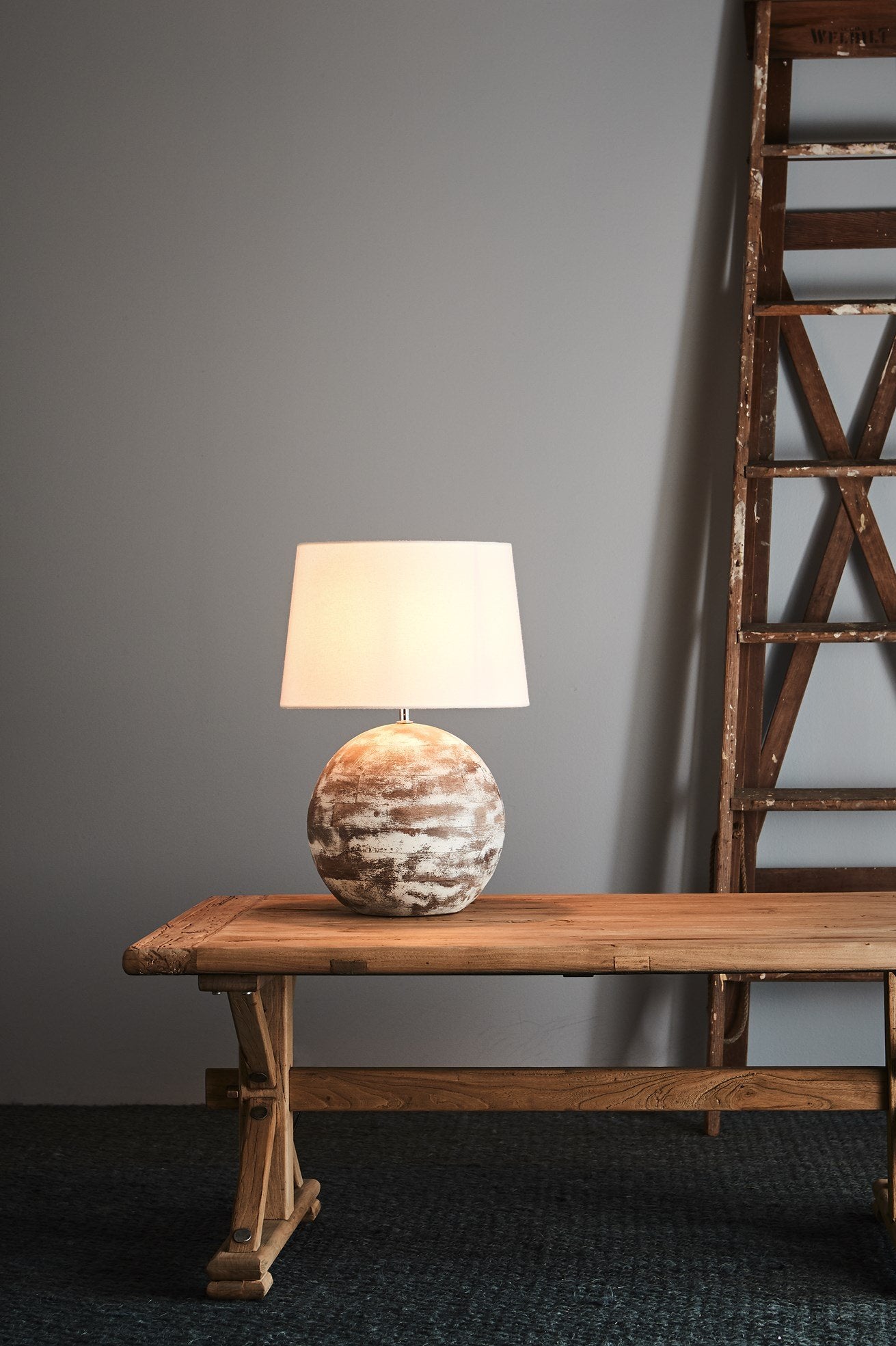 Boule Small - Distressed White - Turned Wood Ball Table Lamp-abc
