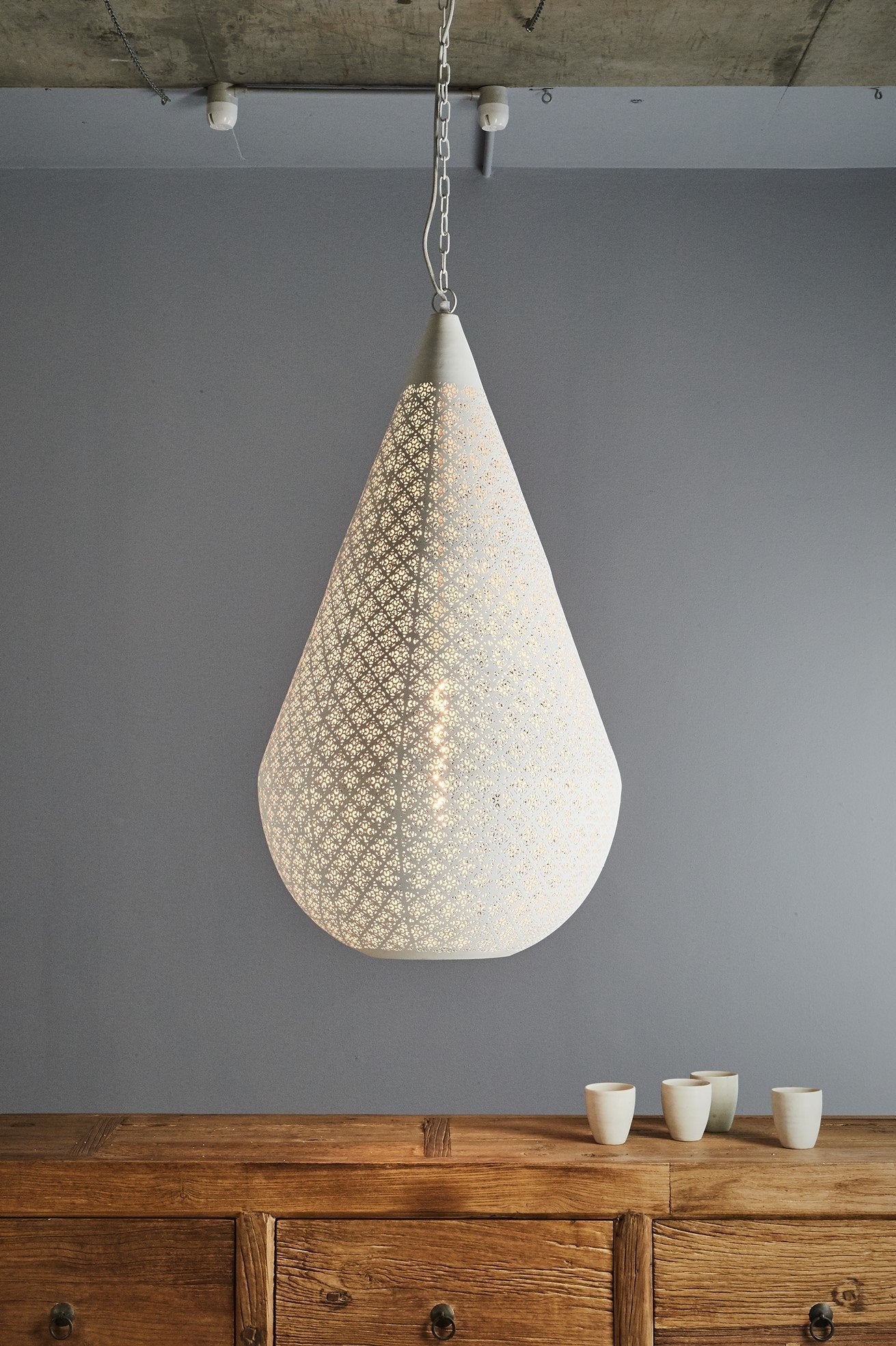 Europa Large - White - Perforated Teardrop Pendant Light-abc