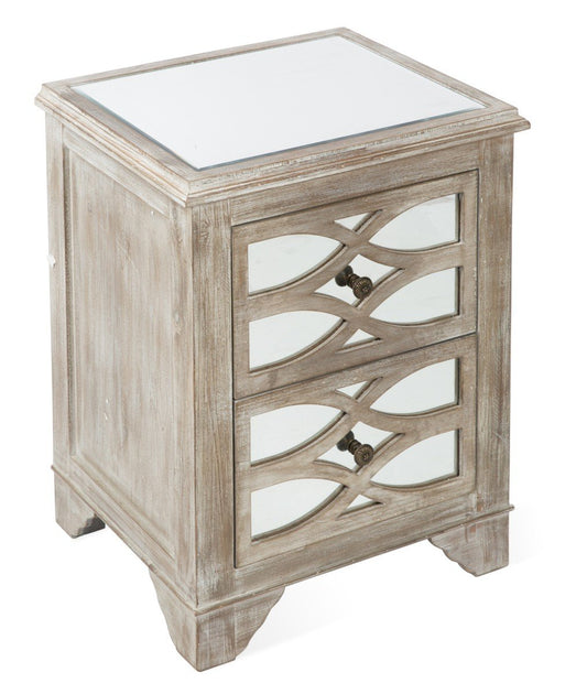 2 Draw Wooden Lattice Mirrored Bedside Table-abc