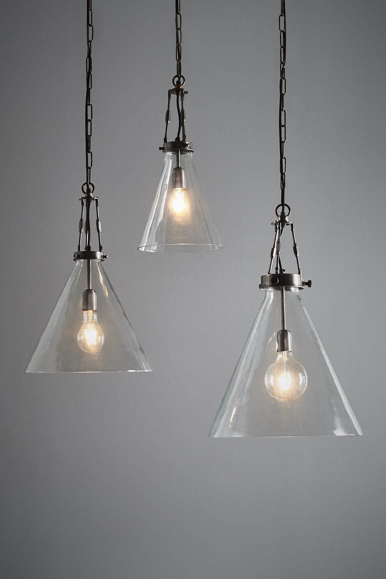 Galveston Small - Antique Silver/Clear - Hand Blown Glass Adjustable Cone Pendant Light-abc