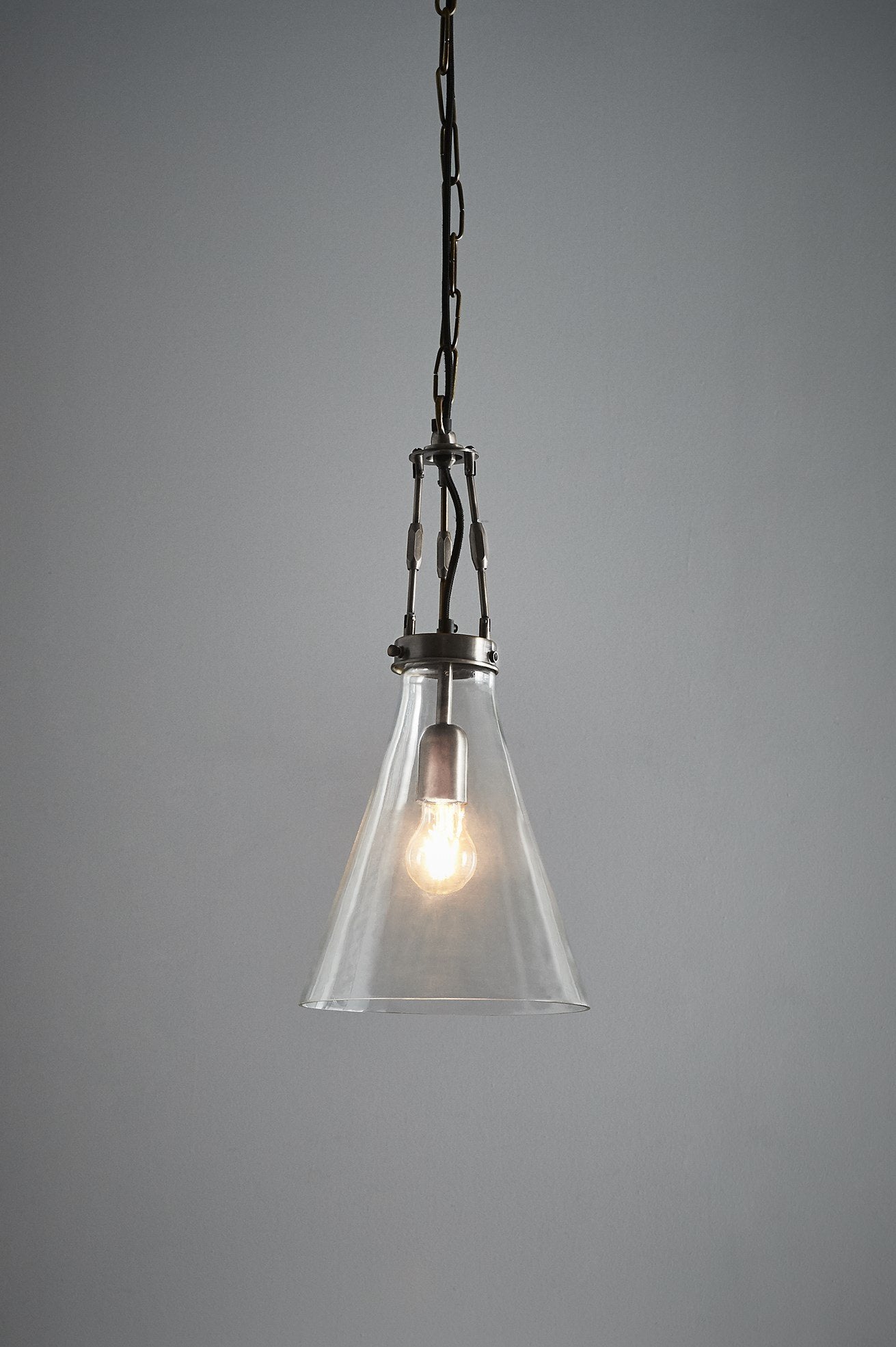 Galveston Small - Antique Silver/Clear - Hand Blown Glass Adjustable Cone Pendant Light-abc