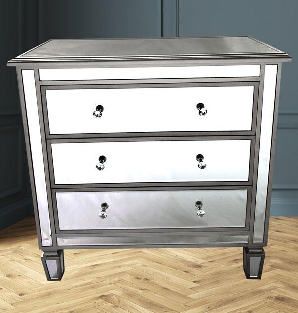 Manhattan Tall Boy 3 Drawers Bevelled Glass Style in Silver Color-abc