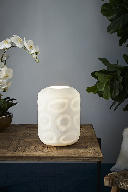 Monaco Small - White - Small Hand Cut Hurricane Art Glass Table Lamp-abc