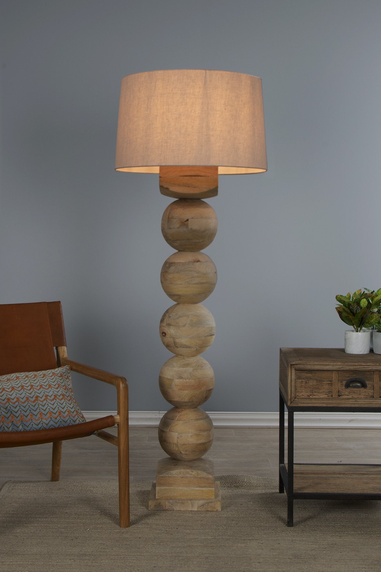 Newton Large - Natural - Turned Wood 5 Ball Floor Lamp-abc