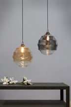 Onda - Smoke Grey/Clear Two-tone Gradient - Medium Rippled Glass Ball Pendant Light-abc