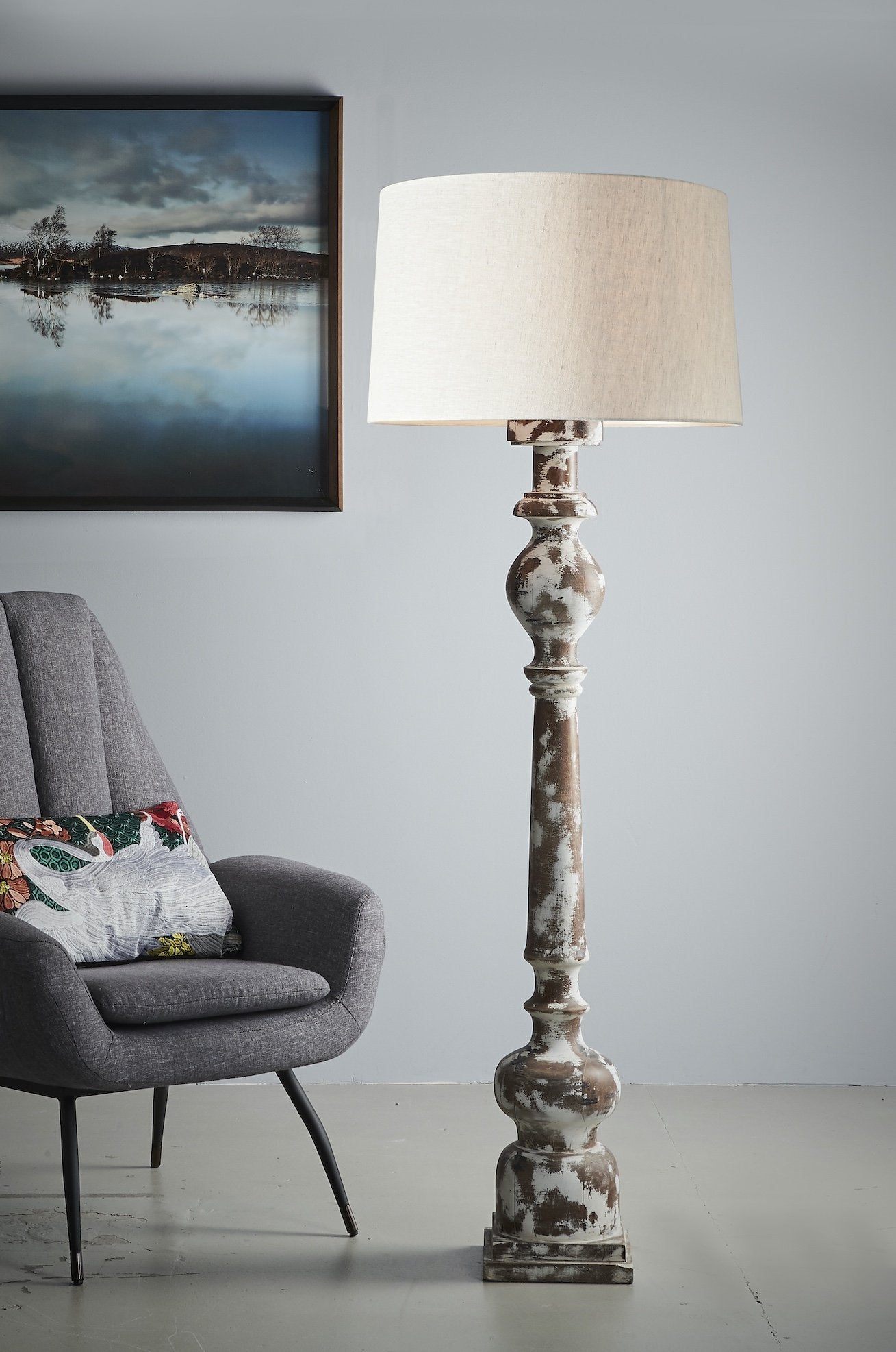 Rook Large - Distressed White - Turned Wood Pillar Floor Lamp-abc