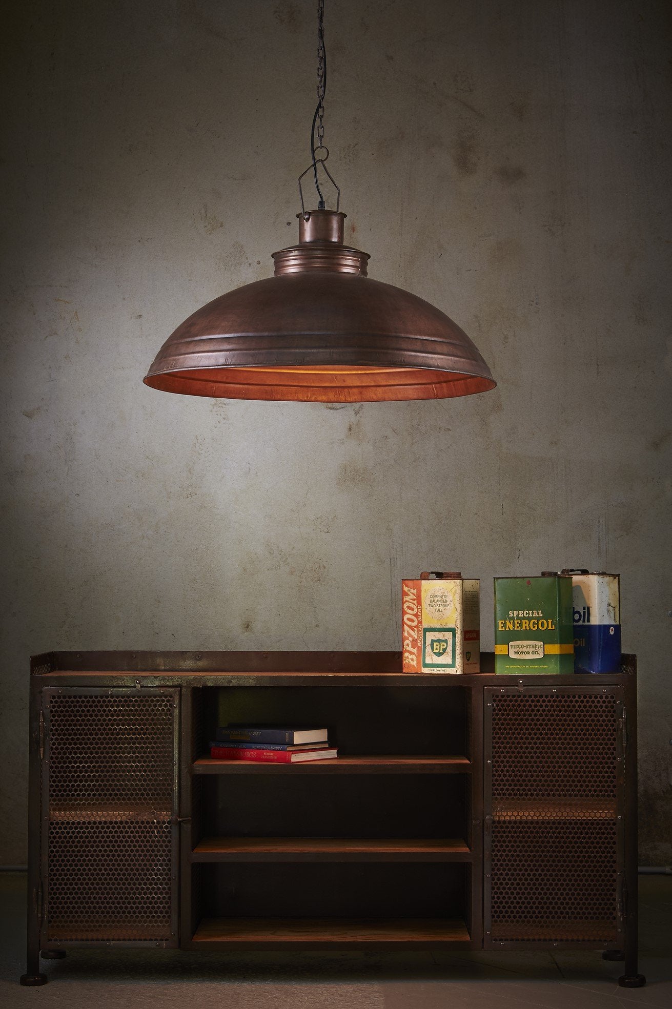 Sheldon - Antique Copper - Large Iron Shallow Dome Pendant Light-abc