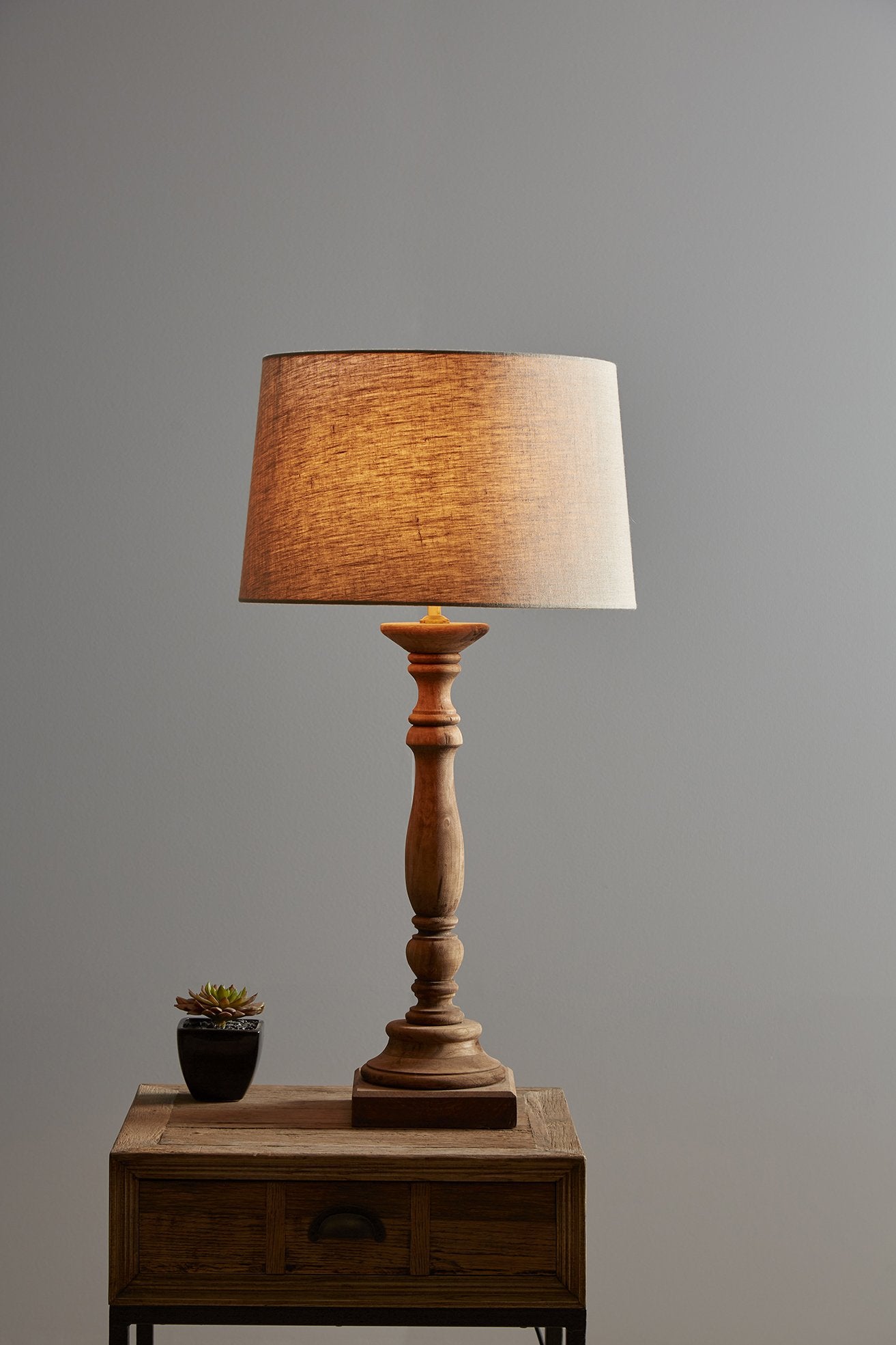 Candela Small - Dark Natural - Turned Wood Candlestick Table Lamp-abc