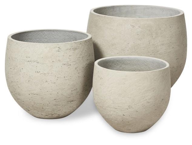 Set of Three Plain Cement Pots - Grey Washed-abc