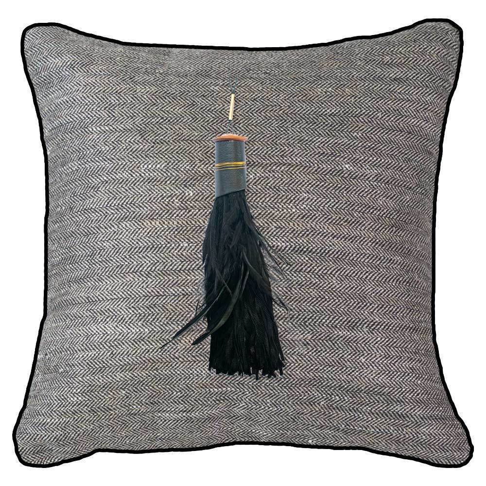 Tassel Feather Black on Herringbone Weave Lounge Cushion 55 x 55cm-abc