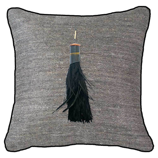 Tassel Feather Black on Herringbone Weave Lounge Cushion 55 x 55cm-abc