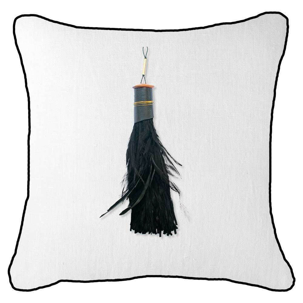 Tassel Feather Black on White Linen Lounge Cushion 55 x 55 cm-abc