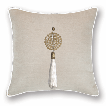 Tassel White On Natural Linen Lounge Cushion 55 x 55 cm-abc