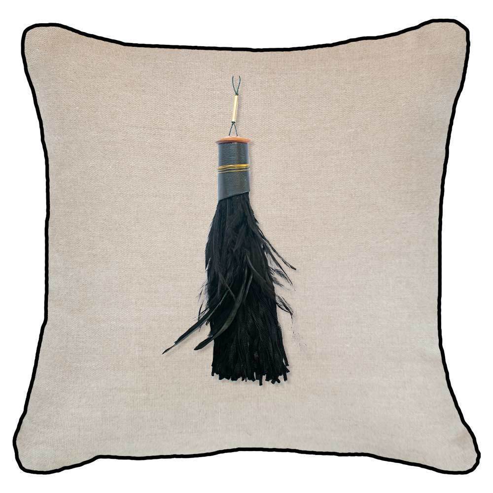 Tassel Feather Black on Natural Linen Lounge Cushion 55 x 55 cm-abc