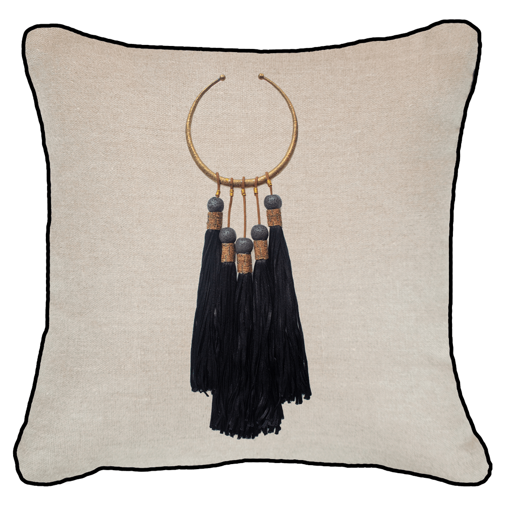 Tassel Amulet Black on Natural Linen Lounge Cushion 55 x 55 cm-abc