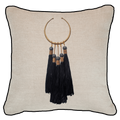 Tassel Amulet Black on Natural Linen Lounge Cushion 55 x 55 cm-abc