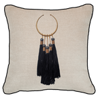 Tassel Amulet Black on Natural Linen Lounge Cushion 55 x 55 cm-abc