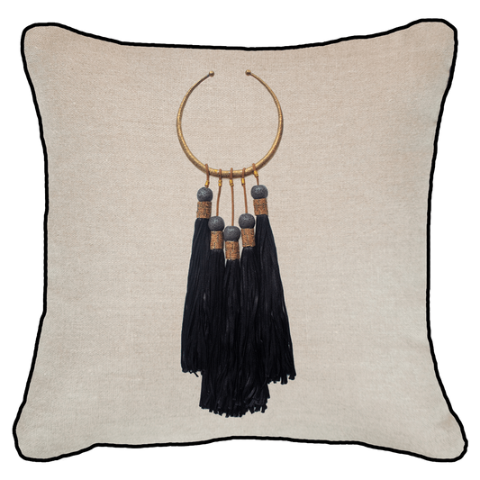 Tassel Amulet Black on Natural Linen Lounge Cushion 55 x 55 cm-abc