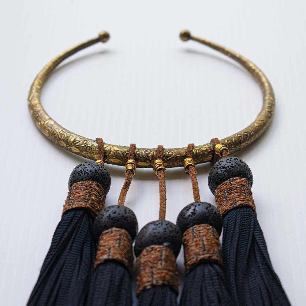 Tassel Amulet Black on Natural Linen Lounge Cushion 55 x 55 cm-abc