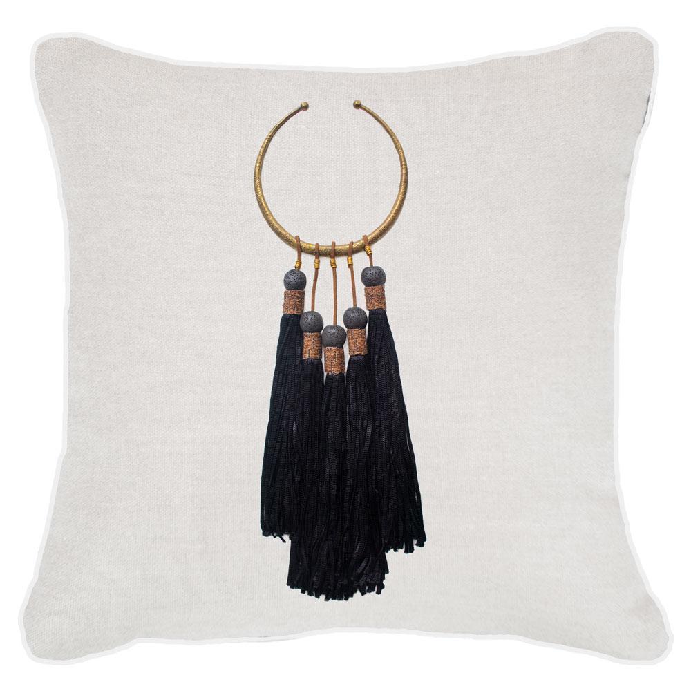 Tassel Amulet White on Black Linen Lounge Cushion 55 x 55 cm-abc