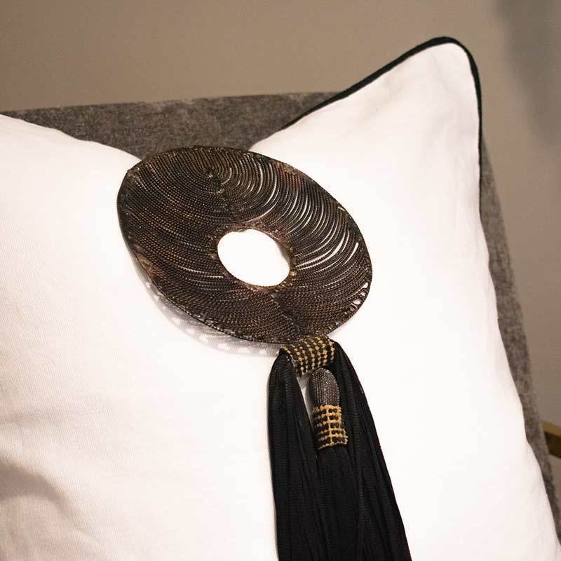 Tassel Disc Black on White Lounge Cushion 55 x 55cm-abc
