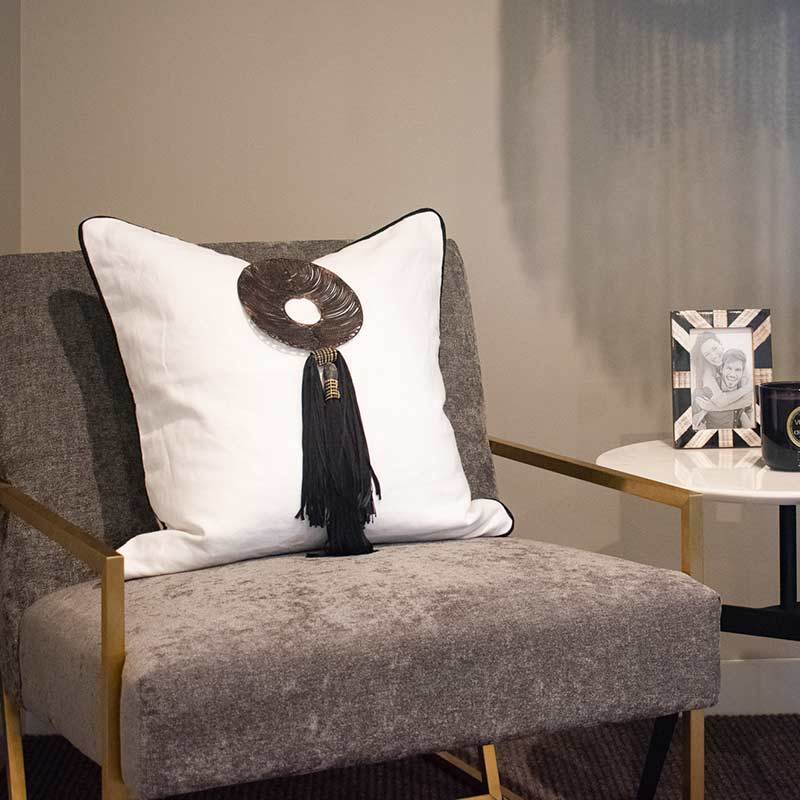 Tassel Disc Black on White Lounge Cushion 55 x 55cm-abc