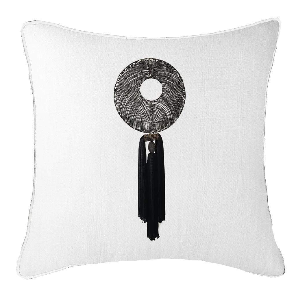 Tassel Disc Black on White Lounge Cushion 55 x 55cm-abc