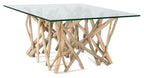 Semarang 10mm Tempered Glass Top, Teak Branch Base Square Coffee Table-abc
