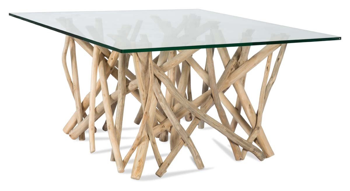 Semarang 10mm Tempered Glass Top, Teak Branch Base Square Coffee Table-abc