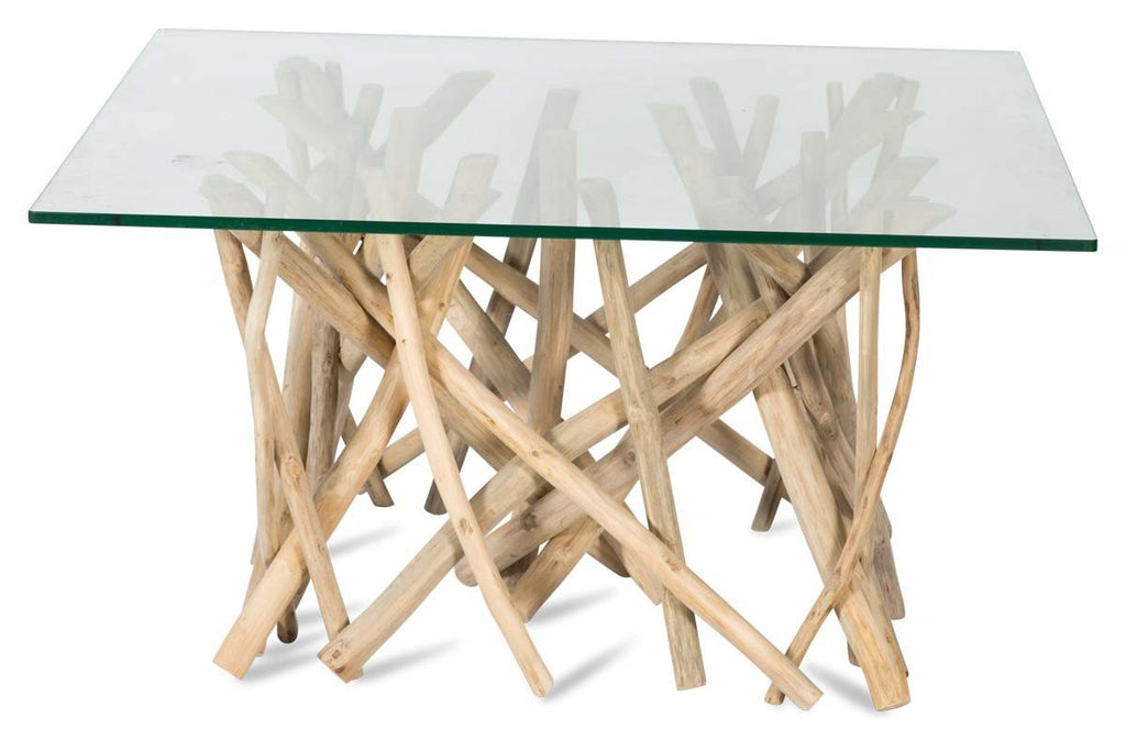 Semarang 10mm Tempered Glass Top, Teak Branch Base Square Coffee Table-abc
