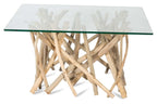 Semarang 10mm Tempered Glass Top, Teak Branch Base Square Coffee Table-abc