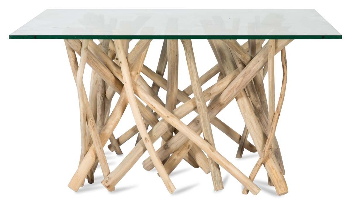 Semarang 10mm Tempered Glass Top, Teak Branch Base Square Coffee Table-abc