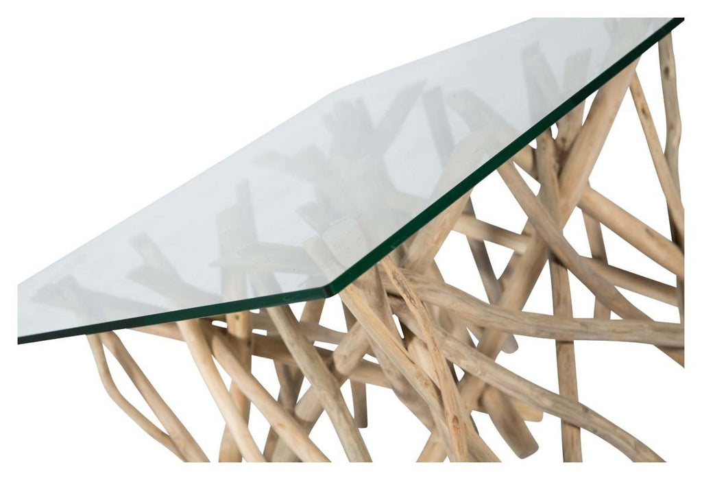 Semarang 10mm Tempered Glass Top, Teak Branch Base Square Coffee Table-abc