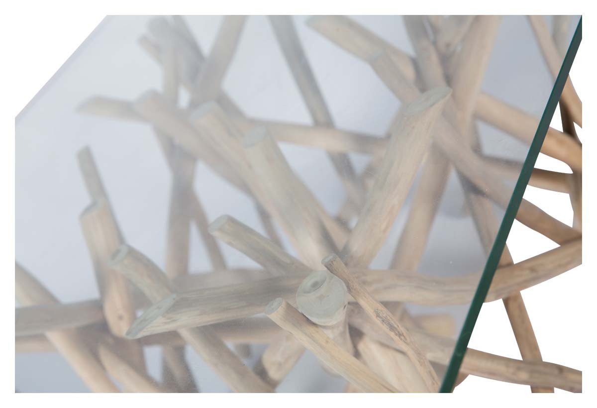 Semarang 10mm Tempered Glass Top, Teak Branch Base Square Coffee Table-abc