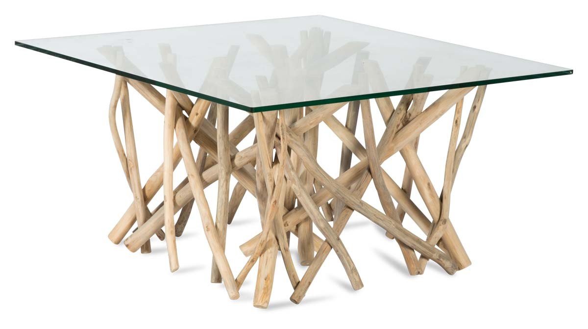 Semarang 10mm Tempered Glass Top, Teak Branch Base Square Coffee Table-abc