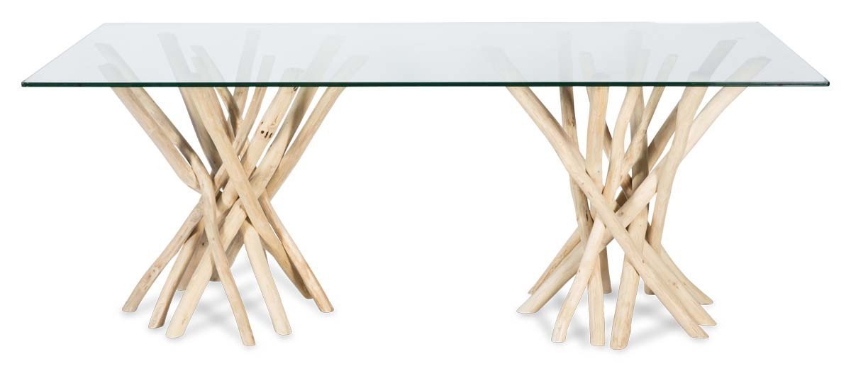 Semarang 10mm Tempered Glass Top Dining Table with Teak Branch Base-abc