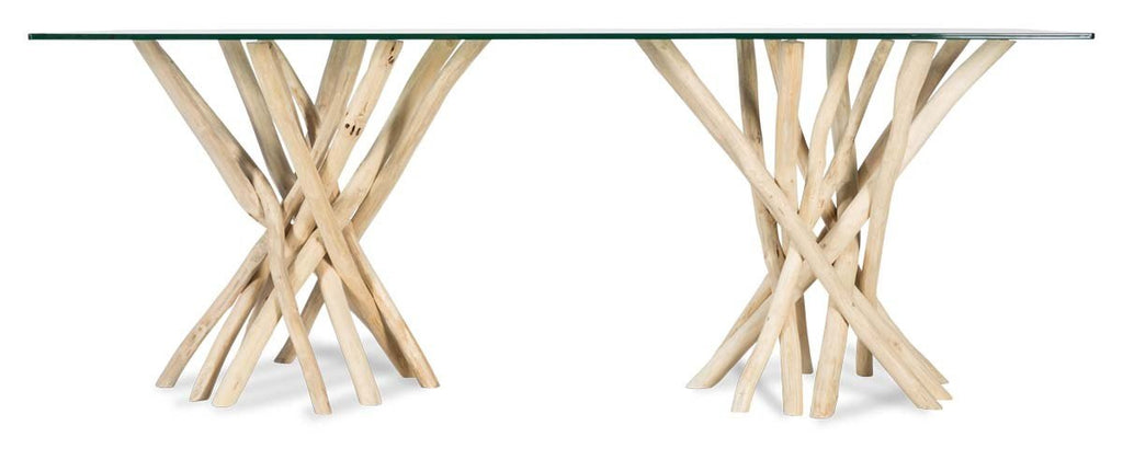 Semarang 10mm Tempered Glass Top Dining Table with Teak Branch Base-abc