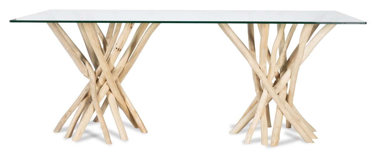 Semarang 10mm Tempered Glass Top Dining Table with Teak Branch Base-abc