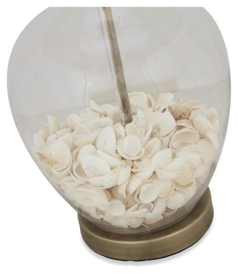 Glass Shell Table Lamp with White Linen Shade and Metal Base - White-abc