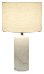 White Cylinder Marble Table Lamp with Linen Shade - White-abc