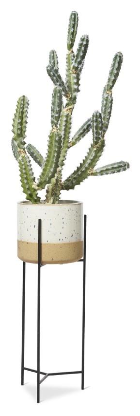 Two Tone Ceramic Pot on Tall Iron Stand - Ivory/Natural-abc