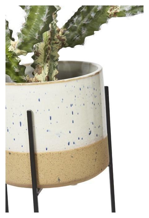 Two Tone Ceramic Pot on Tall Iron Stand - Ivory/Natural-abc